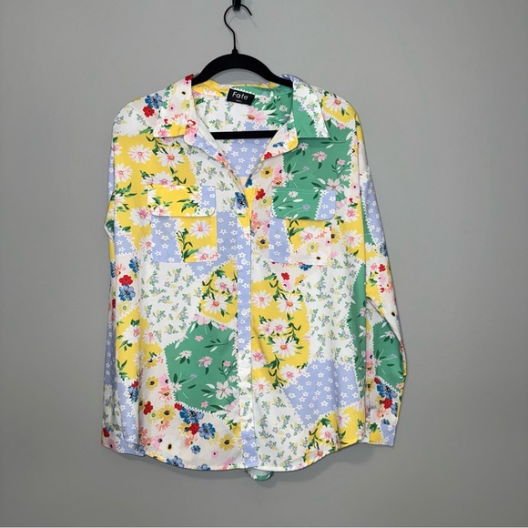 Fate Tops - Fate Womens Floral Patchwork Button Down Shirt Long Sleeve Multicolor Small